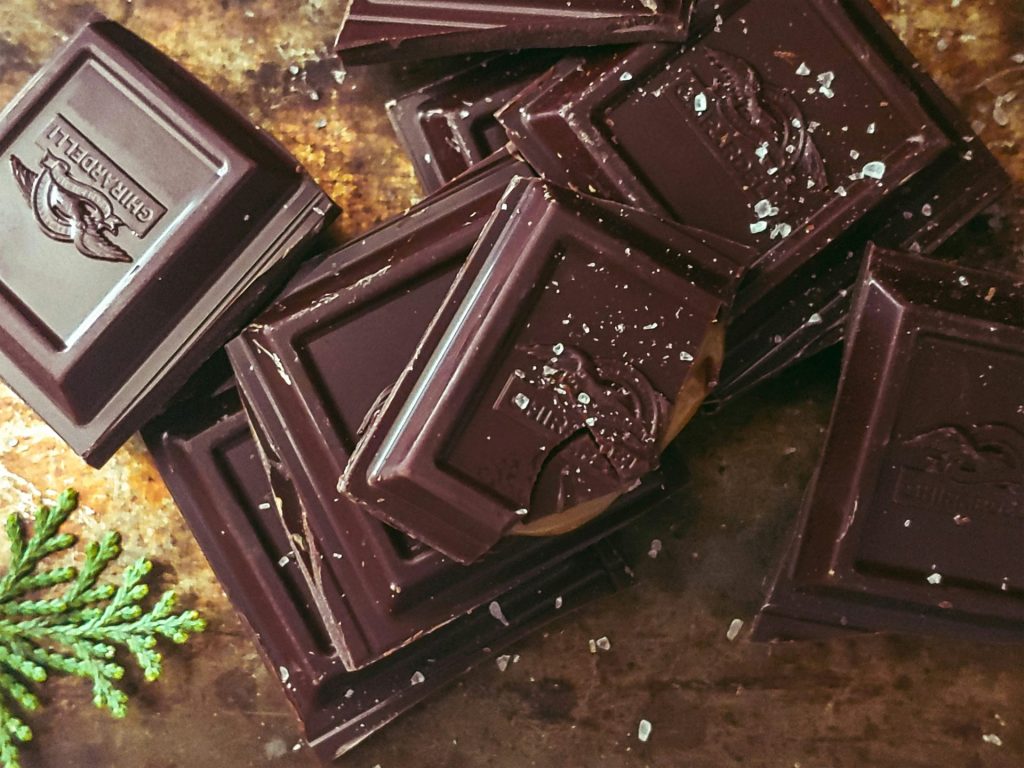 Dark chocolate squares sprinkled with sea salt